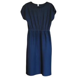 Union‑Made ILGWU Navy Polka‑Dot Dress 60s/70s Elastic Waist Midi ~Sz 8